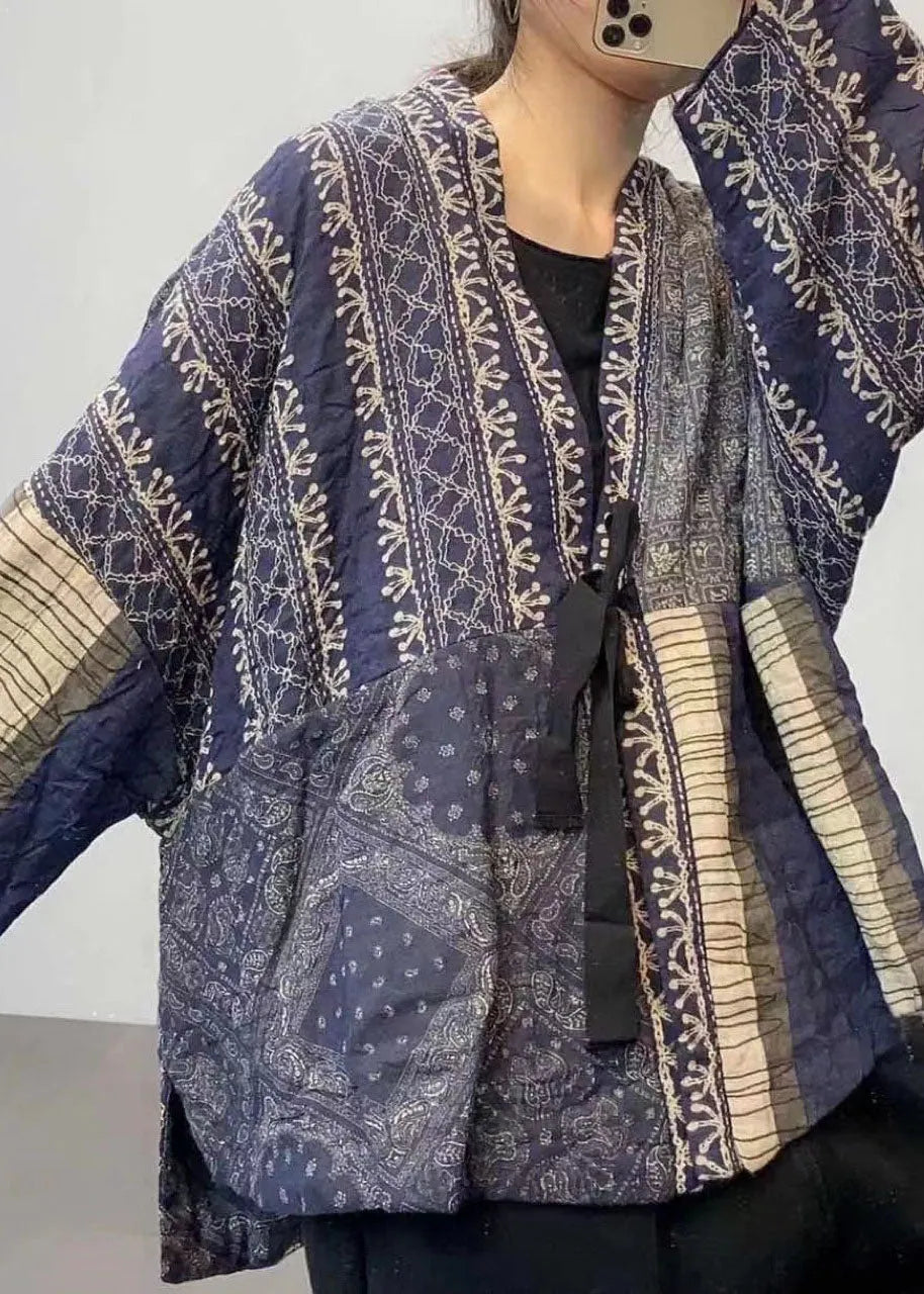 Diy Blue Print Patchwork Pockets Tie Waist Fall Top