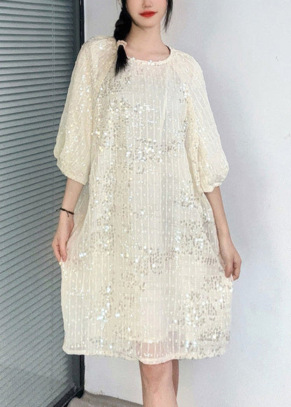 French Apricot O-neck Sequins Mid Dress Summer