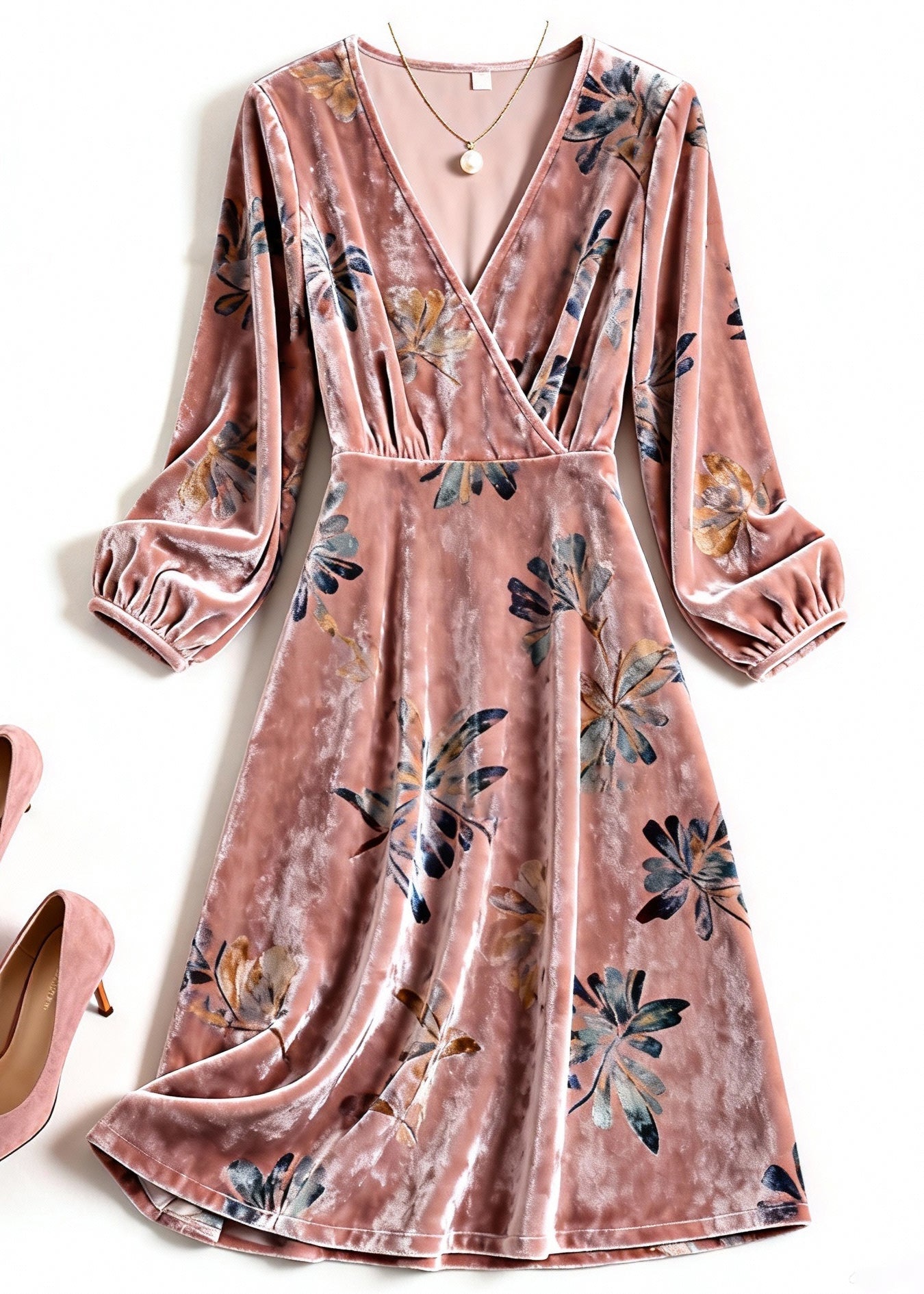 Pink V Neck Print Silk Velvet Dresses Spring