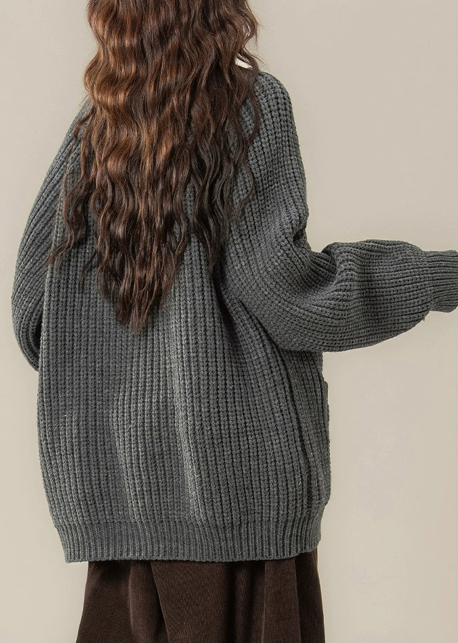 Grey Stand Collar Thick Cotton Knit Cardigans Winter
