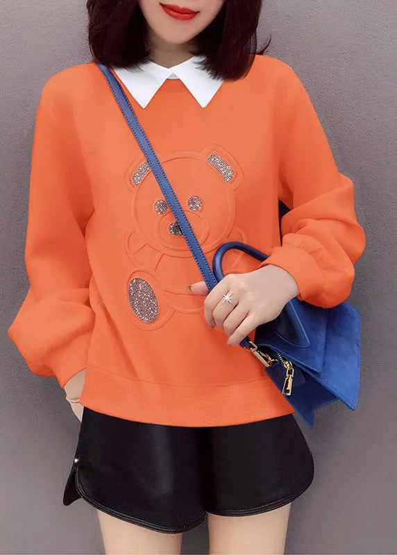 Loose Orange Peterpan Collar Print Fall Pullover Street Wear
