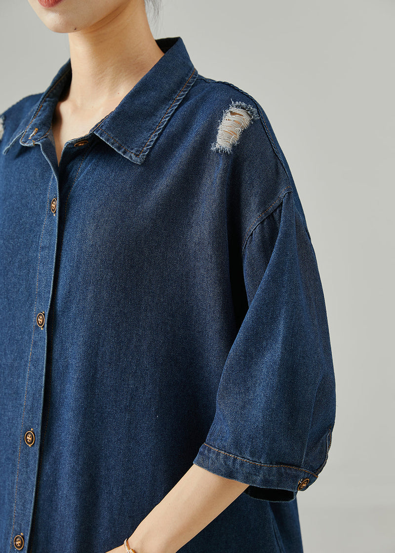 Navy Oversized Patchwork Denim Ripped Dresses Summer