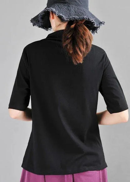 Classy Black High Neck Asymmetrical Design Cotton Tops Summer
