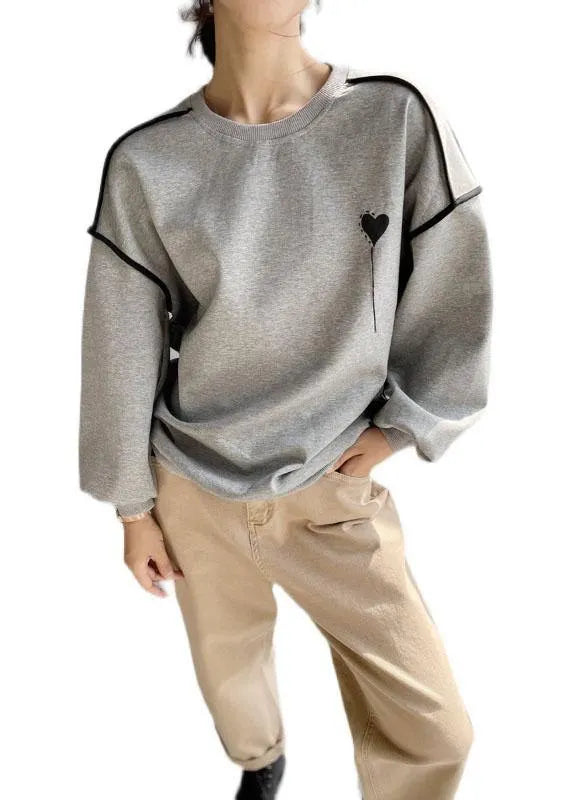 Grey Loose Embroideried Patchwork Fall Sweatshirt Street Wear