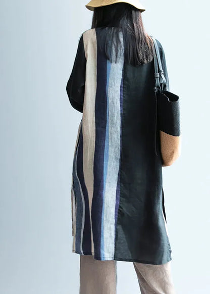 Black Low High Design Striped Linen Long Shirt Spring