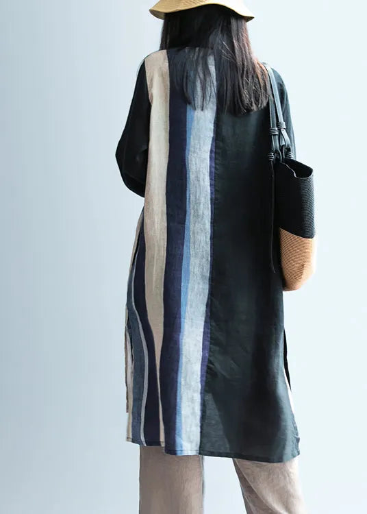 Black Low High Design Striped Linen Long Shirt Spring