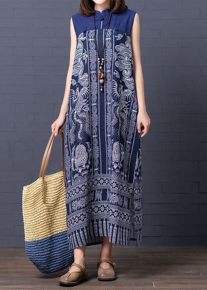 Blue Stand Collar Print Patchwork Cotton Summer Dress Sleeveless