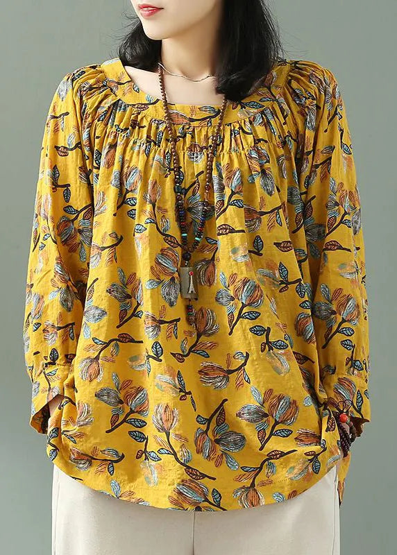 Yellow O Neck Print Loose Cotton T Shirt Fall