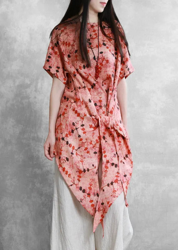 Retro Red O-neck Print Asymmetrical Tie Waist Linen Top Short Sleeve