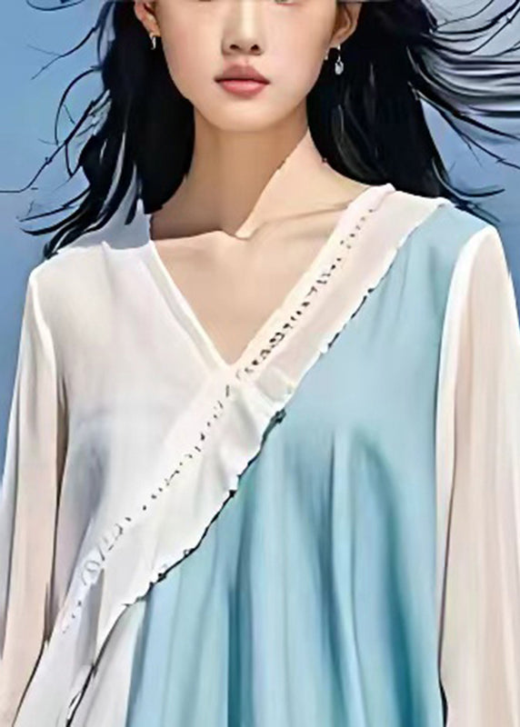 Modern Light Blue V Neck Patchwork Linen a Line Dress Summer