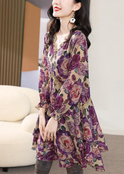Purple V Neck Print Nail Bead Chiffon Mid Dress Spring