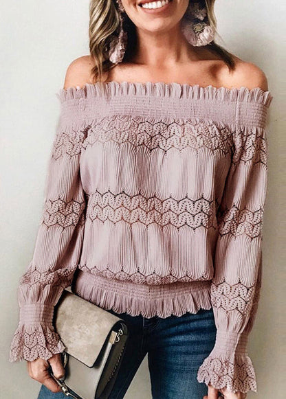 Pink Slash Neck Ruffled Lace Blouse Tops Summer