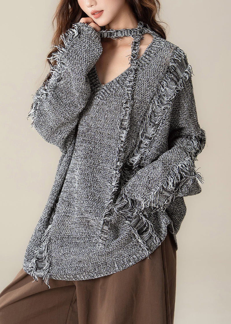 Loose Black V Neck Hole Cozy Knit Sweater Spring