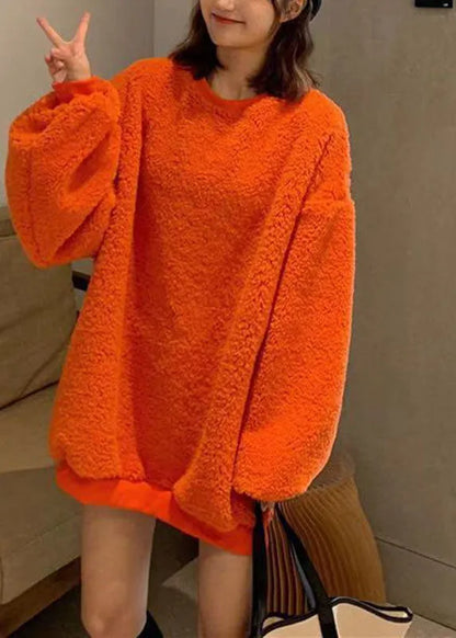Loose Orange O-neck Thick Teddy Faux Fur Pullover Long Sleeve