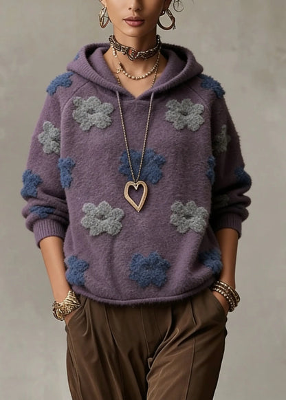 Purple Hooded Cotton Knit Sweaters Spring