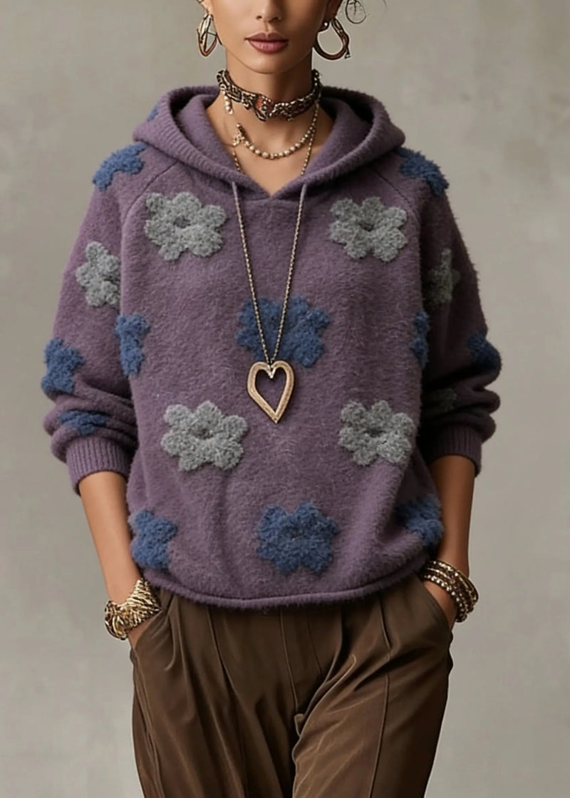 Purple Hooded Cotton Knit Sweaters Spring