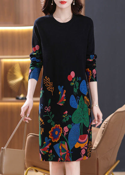 New Black Print Side Open Wool Knit Dress Long Sleeve