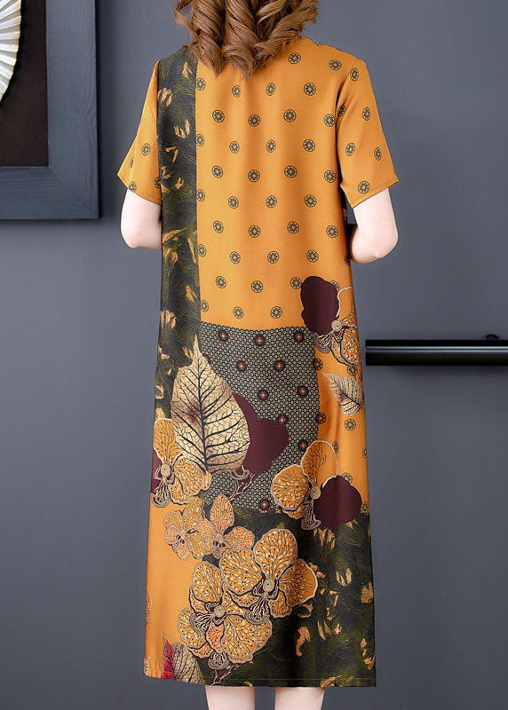 Yellow V Neck Print Silk Long Dress Summer
