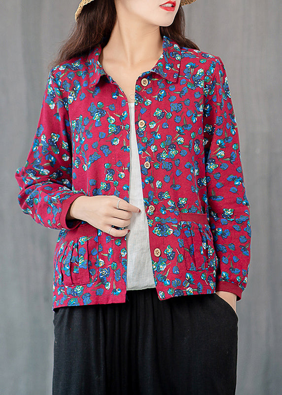 Red Print Pockets Shirts Long Sleeve