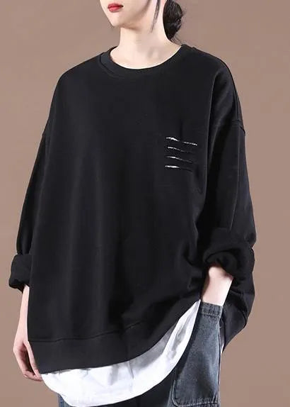Black Patchwork Pullover Tops