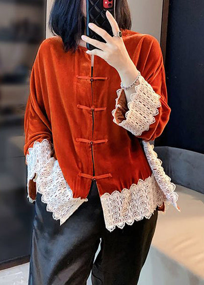 Orange Lace Patchwork Silk Velour Coats Long Sleeve