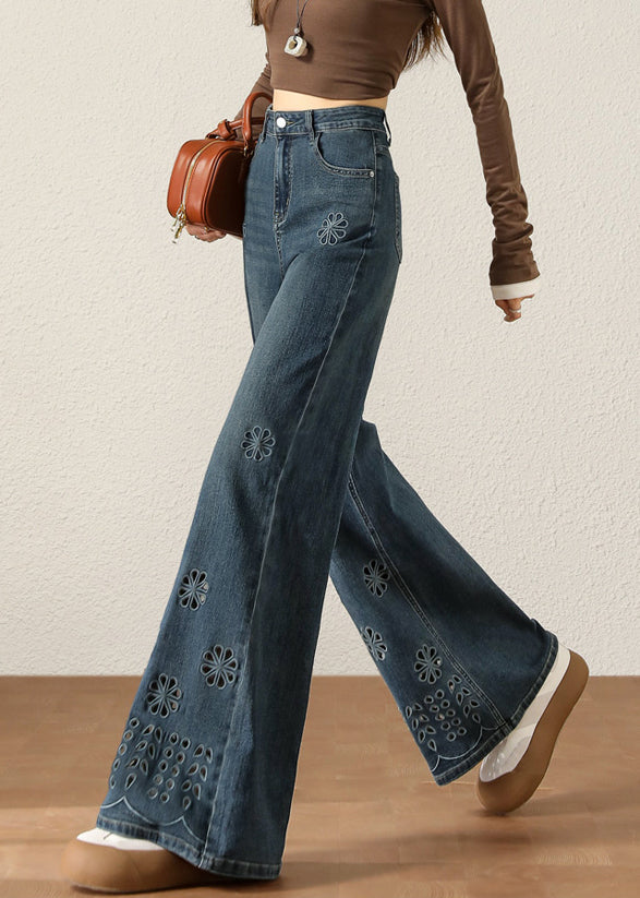 Navy Hollow Out Flower Denim Pants Spring