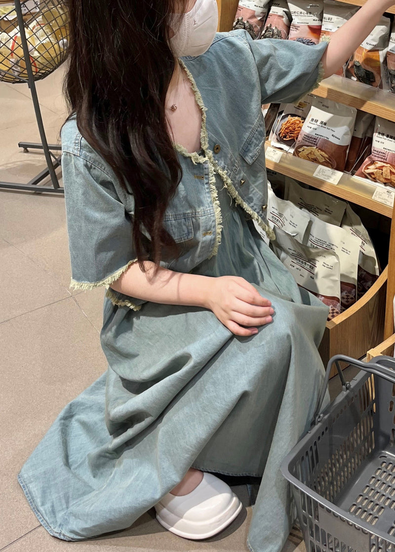 Denim Blue O-neck Patchwork Coats and Long Dress Two Piece Set Short Sleeve