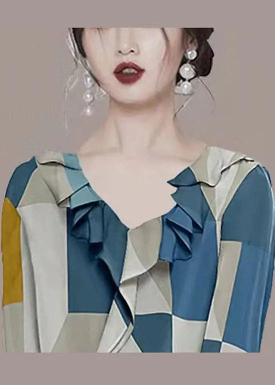 Colorblock V Neck Ruffled Chiffon Shirt Tops Long Sleeve