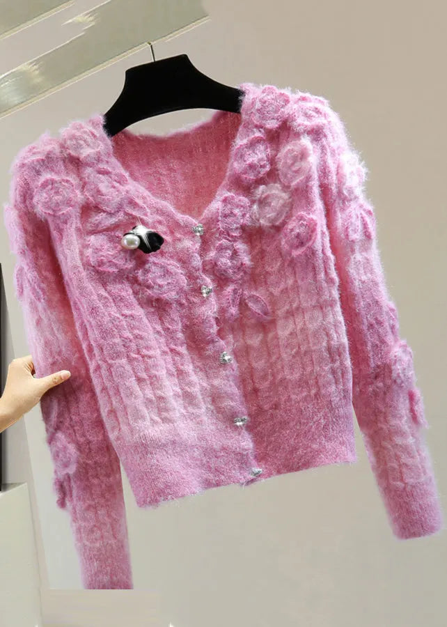 Pink V Neck Zippered Cotton Knit Sweaters Winter