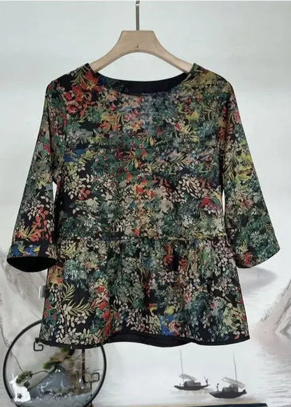 Black O-neck Patchwork Wrinkled Print Silk Wear on Both Sides Top Bracelet Sleeve