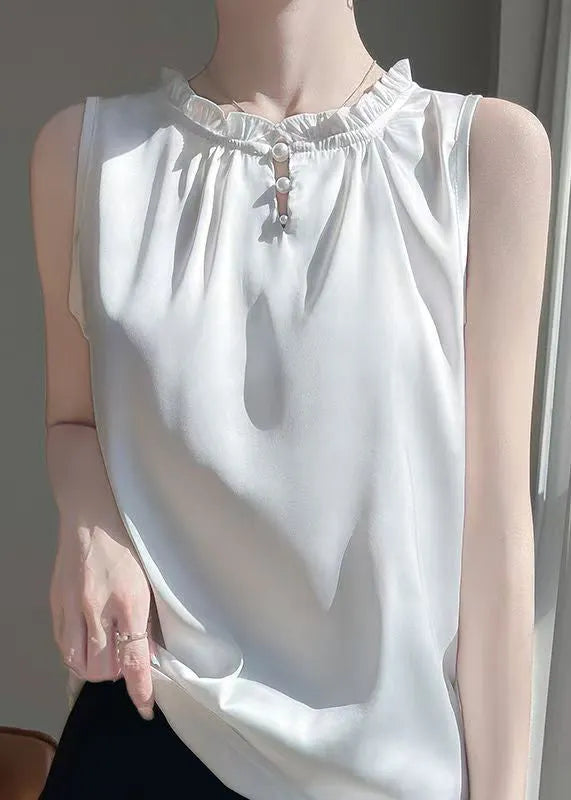 Boutique White Ruffled Button Silk Shirts Sleeveless