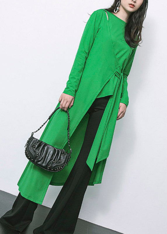 Novelty Green O-neck Asymmetrical Patchwork Tie Waist Long Top Long Sleeve