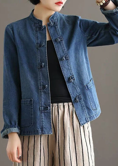 Blue Stand Collar Patchwork Button Pockets Cotton Denim Coat Long Sleeve