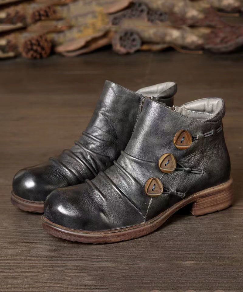 Zippered Splicing Chunky Boots Grey Cowhide Leather