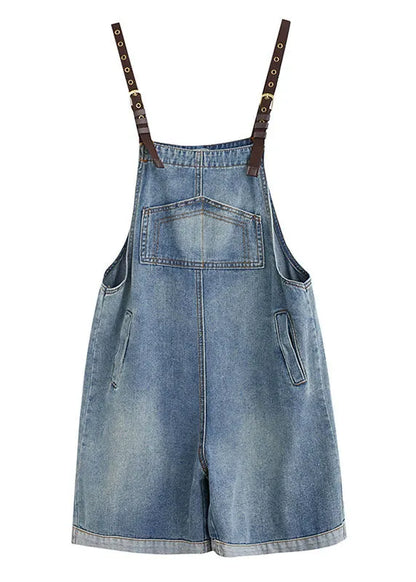 French Blue Pockets Denim Overalls Jumpsuit Summer