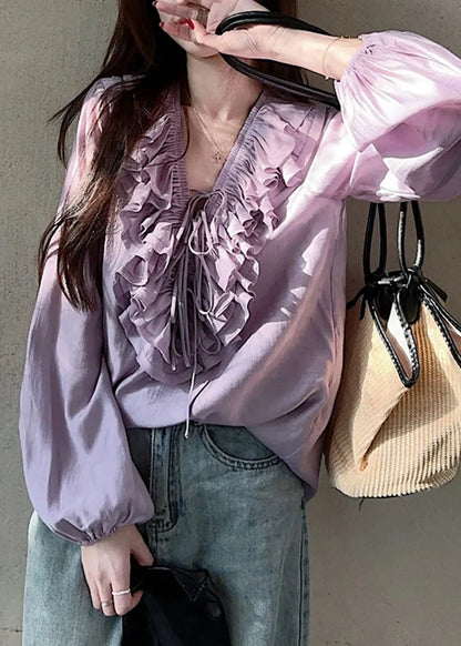 Simple Purple V Neck Ruffled Tie Lace Tops Lantern Sleeve