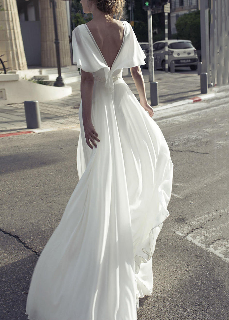 White V Neck Backless Chiffon Ankle Dress Summer
