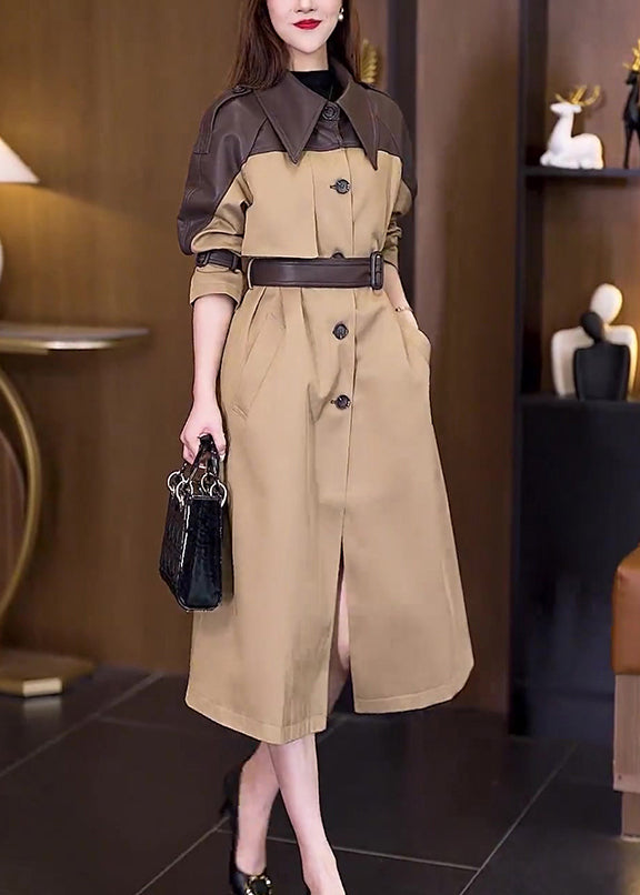 New Khaki Button Tie Waist Patchwork Cotton Long Trench Coat Spring