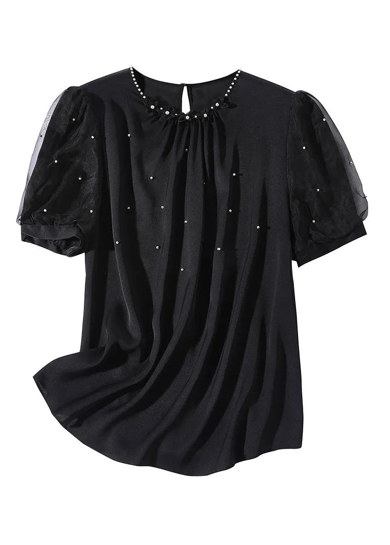 Diy Black O-neck Silk Nail Bead Shirts Summer