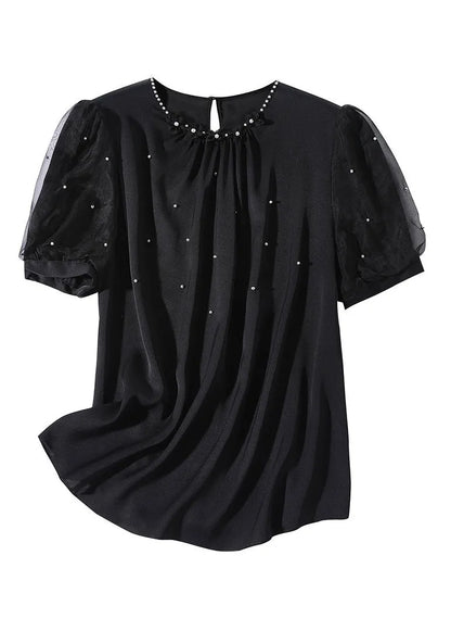 Diy Black O-neck Silk Nail Bead Shirts Summer