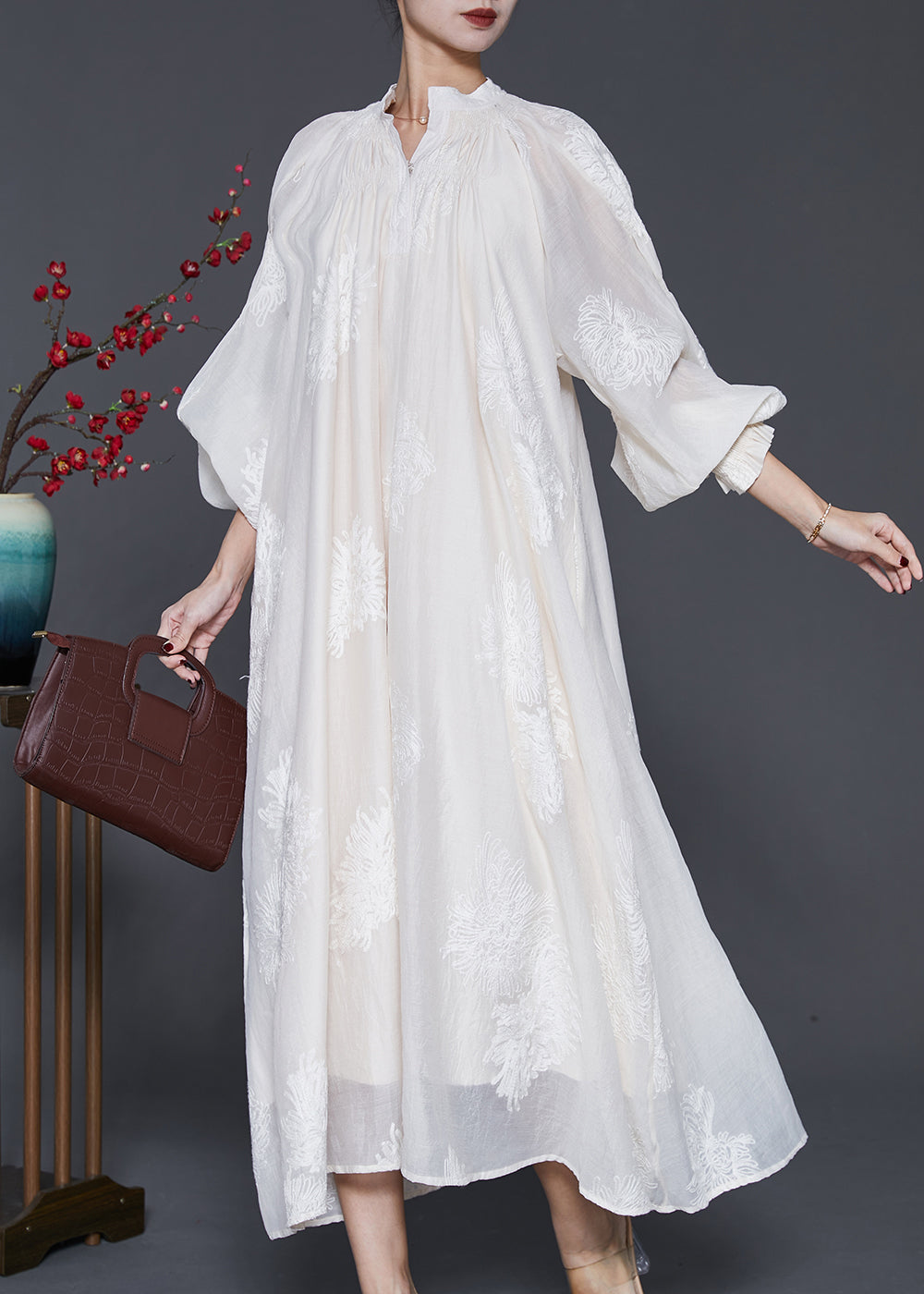 White Embroidered Silk Maxi Dress Lantern Sleeve