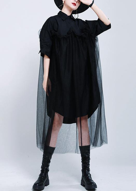 Loose Black Patchwork Lace Shirts Summer Cotton Dress