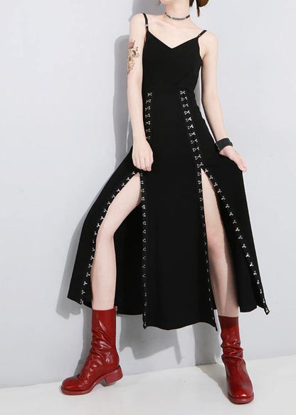 Art Black Summer Side Open Cotton Spaghetti Strap Dress