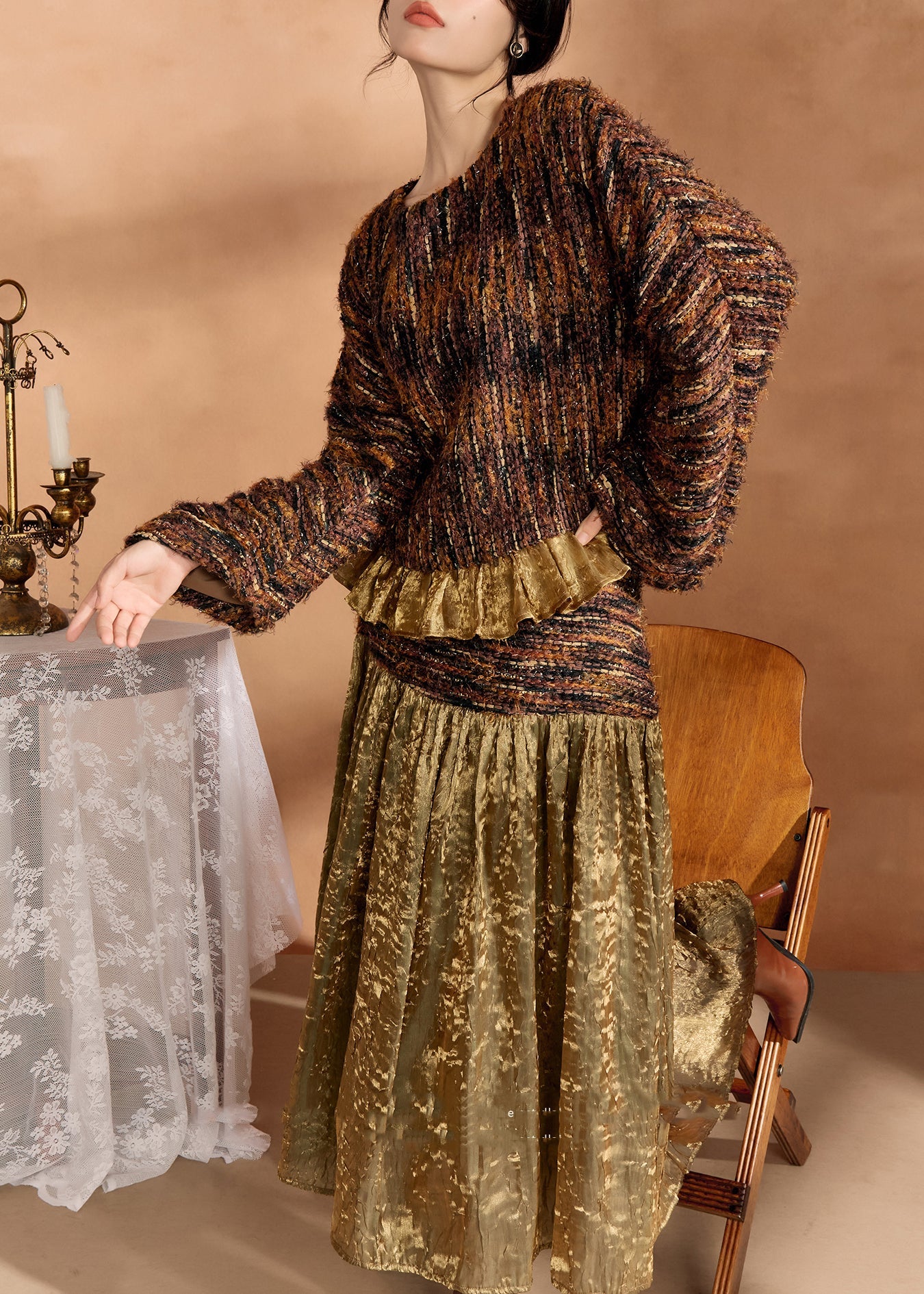 Brown Knit Sweaters and Silk Skirts Two Pieces Set Fall