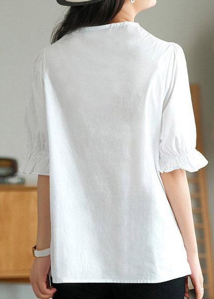 White V Neck Ruffled Linen T Shirt Half Sleeve