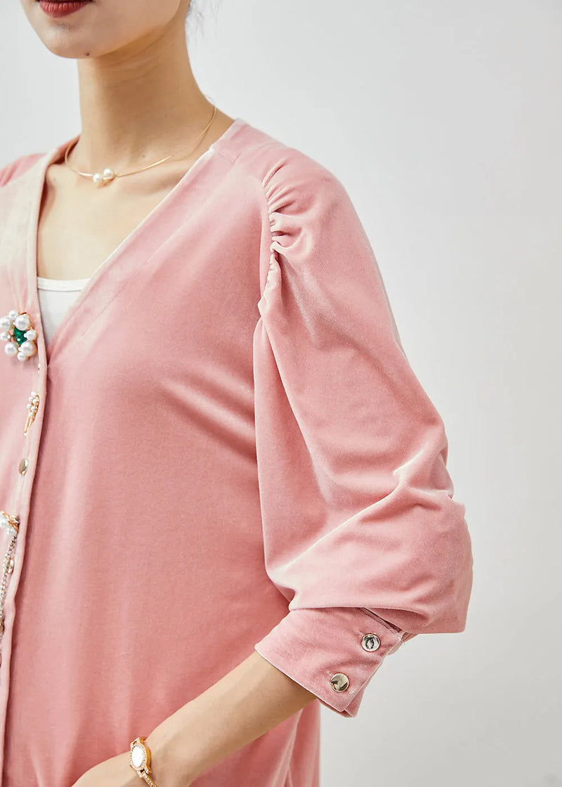 Pink V Neck Nail Bead Silk Velour Shirt Fall