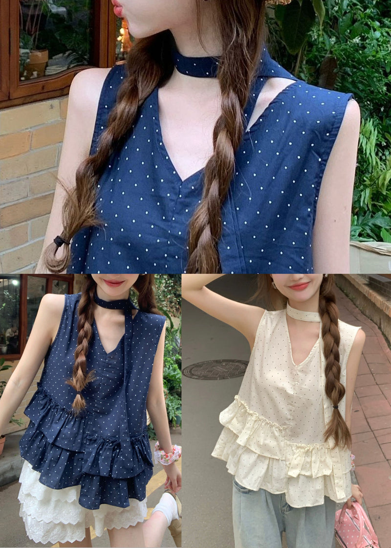 Navy Ruffled Print Cotton Tanks Sleeveless