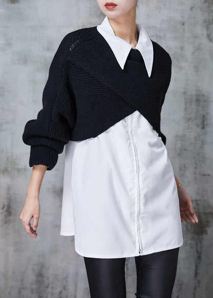 French Black Asymmetrical Design Knit Two Piece Set Clothing Spring
