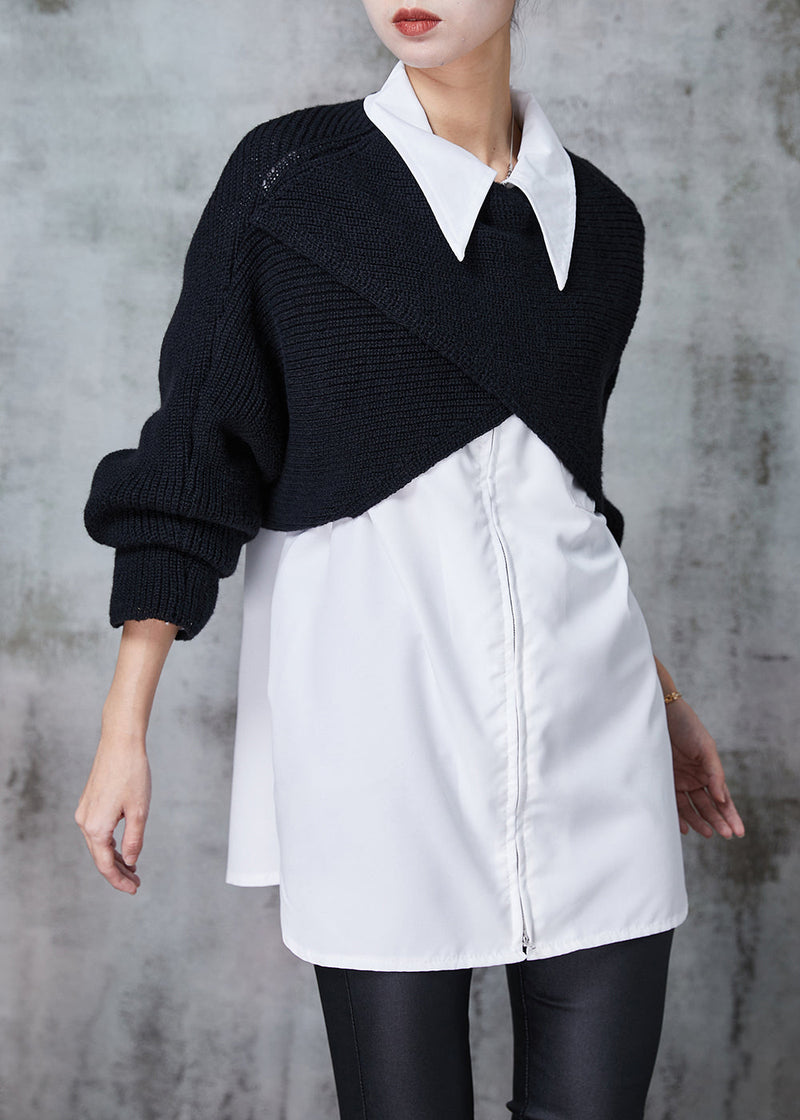French Black Asymmetrical Design Knit Two Piece Set Clothing Spring