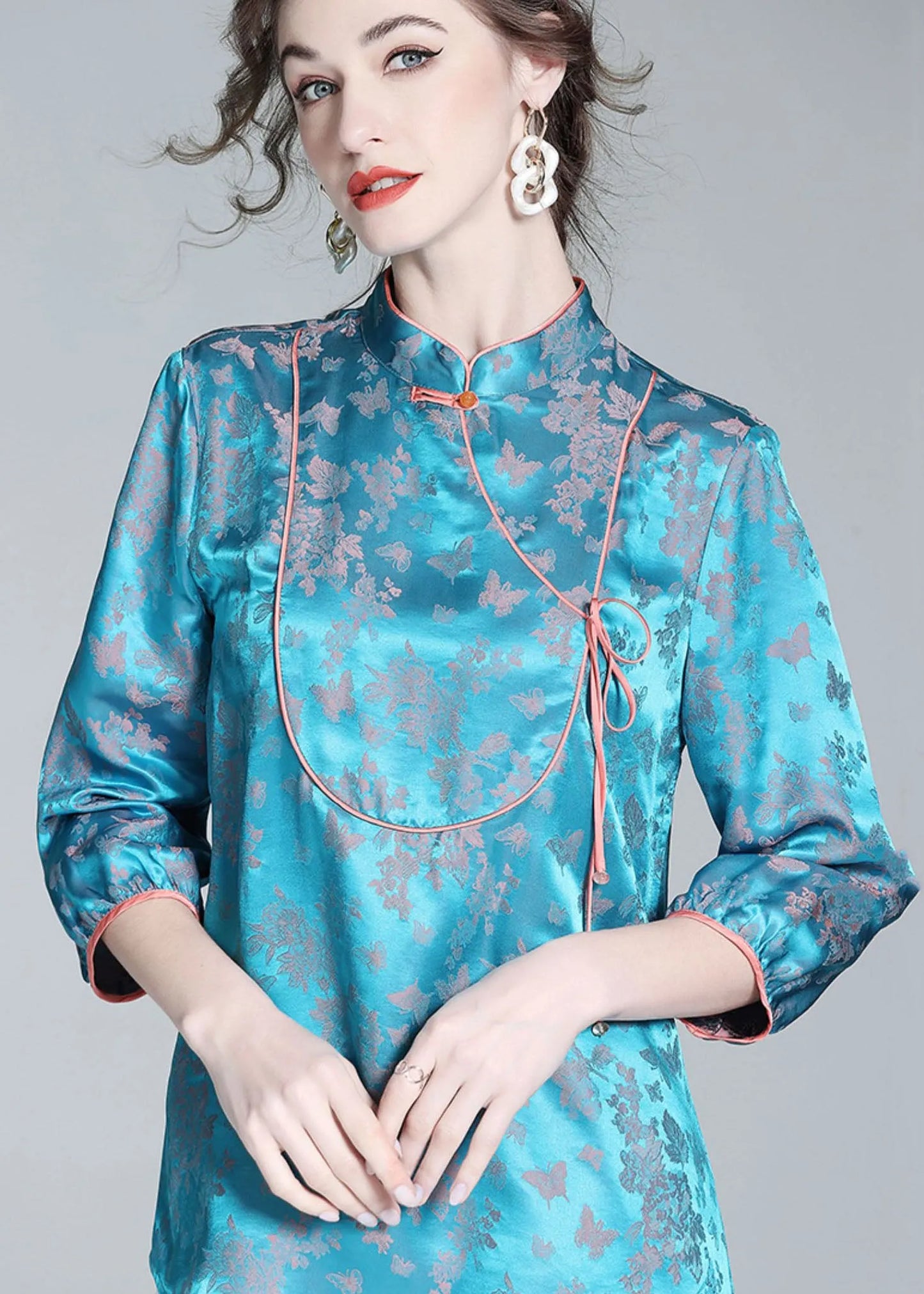 Blue Stand Collar Patchwork Jacquard Silk Blouse Tops Spring